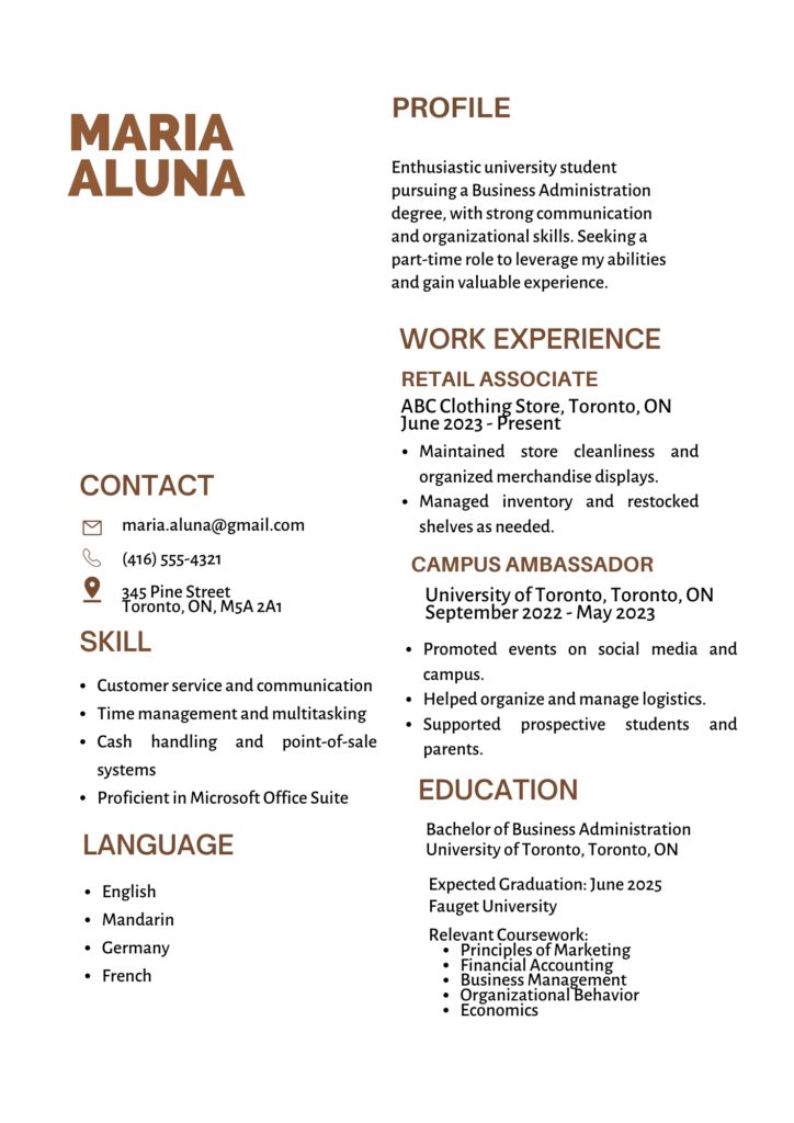 Resume Template Part Time Job Student