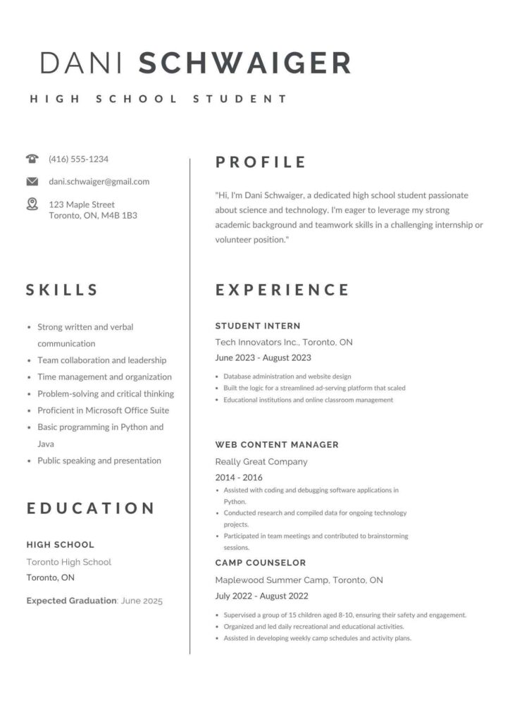 Resume Templates For High School Students